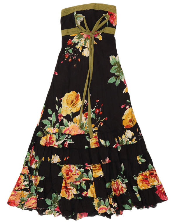 VINTAGE ženska maksi haljina bez naramenica UK 14 Srednje crni cvjetni pamuk