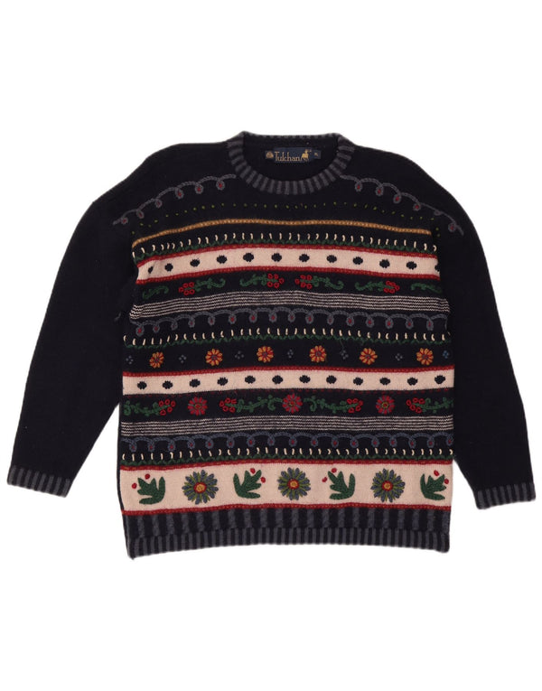 TULCHAN Ženski džemper s okruglim izrezom UK 18 XL Mornarsko plava Fair Isle vuna