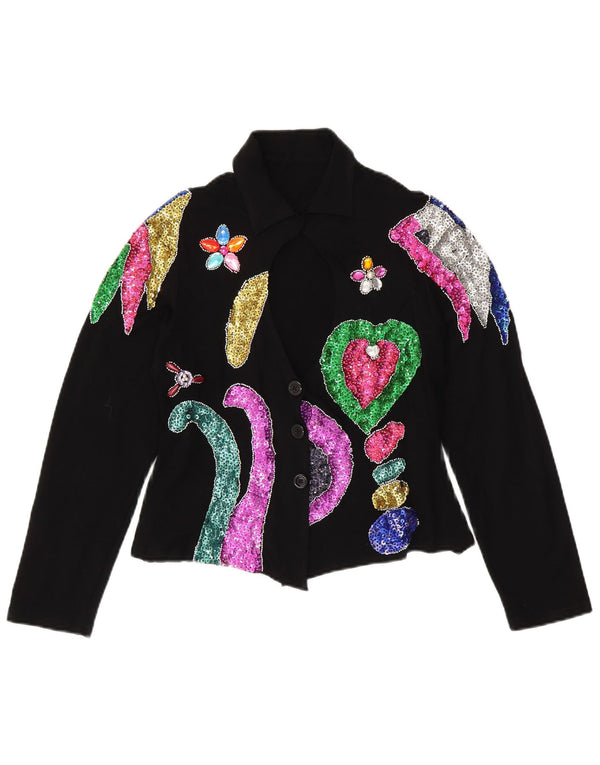 VINTAGE Ženska skraćena košulja bluza UK 12 Srednji crni cvjetni spandeks