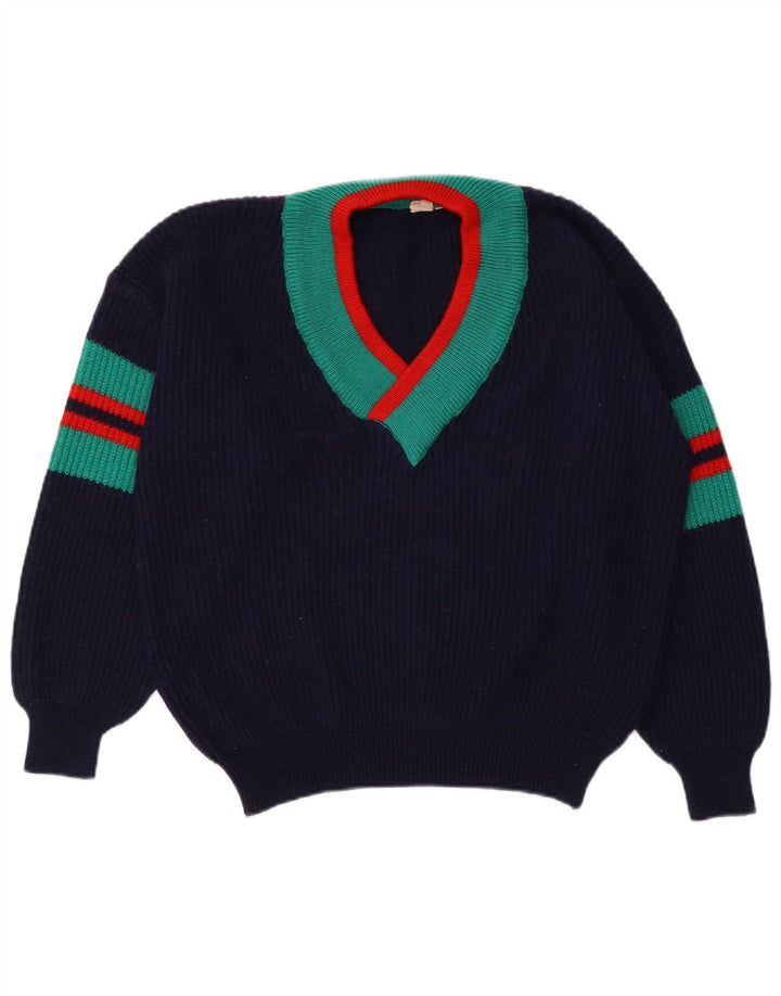 VINTAGE ženski kratki džemper s V-izrezom IT 48/50 XL tamnoplavi na pruge