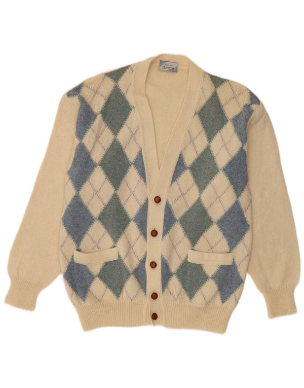 Hemmond Mens Cardigan Sweater Large Beige Argyle/Diamond Virgin Wool