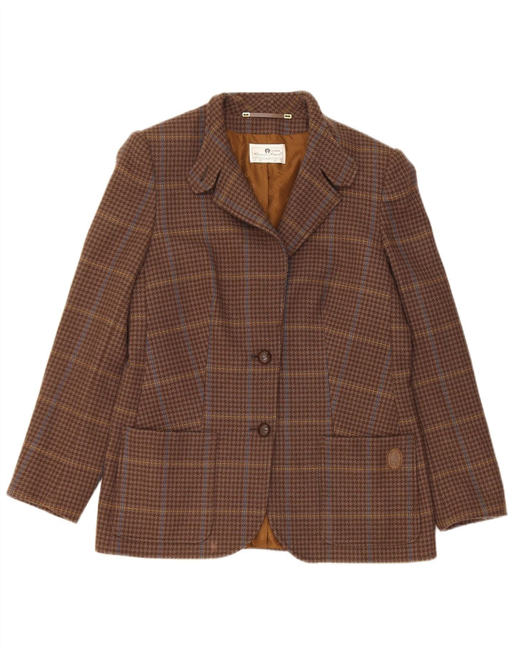 Vintage ženski sako sa 2 gumba UK 10 Mala smeđa karirana vuna