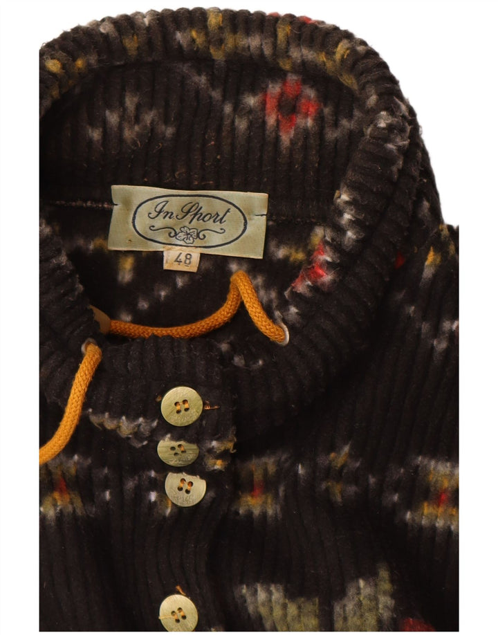 Vintage ženski džemper s dugmadima i ovratnikom IT 48 XL crni cvjetni poliester