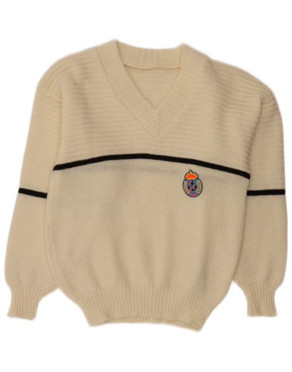 Vintage ženski džemper s V-izrezom UK 16 Veliki sivobijeli na pruge