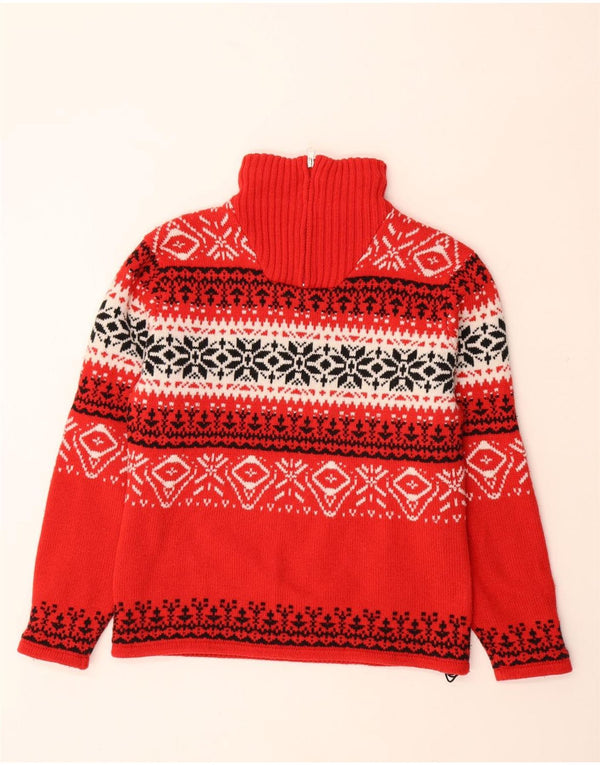 VINTAGE ženski džemper s izrezom s patentnim zatvaračem UK 14 srednje crvene Fair Isle vune