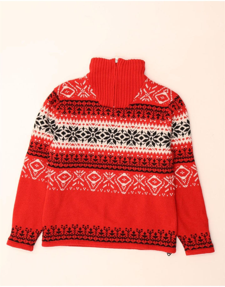 VINTAGE ženski džemper s izrezom s patentnim zatvaračem UK 14 srednje crvene Fair Isle vune