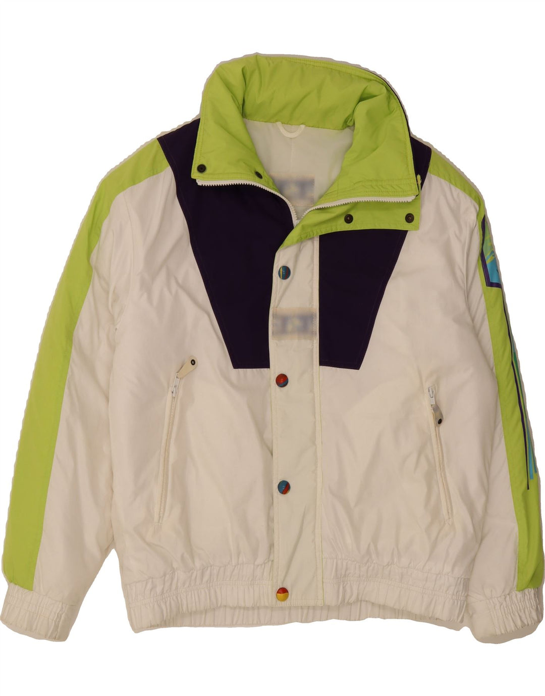 VINTAGE Mens Graphic Windbreaker Jacket UK 38 Medium White Colourblock Vintage Vintage and Second-Hand Vintage from Messina Hembry 