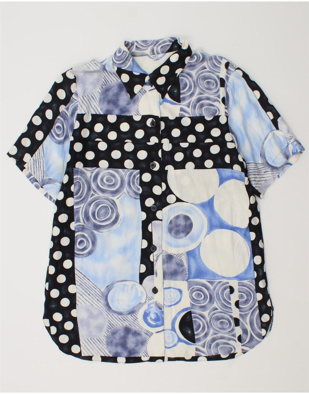 Vintage ženska košulja kratkih rukava bluza UK 14 velika plava patchwork viskoza