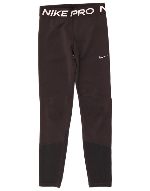 Nike Girls Dri Fit Graphic Leggings 12-13 Years Large Black Colourblock