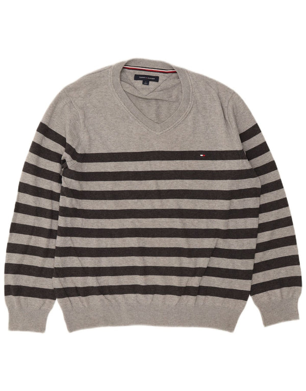 Tommy Hilfiger muški džemper s V-izrezom srednje sivi pamuk na pruge