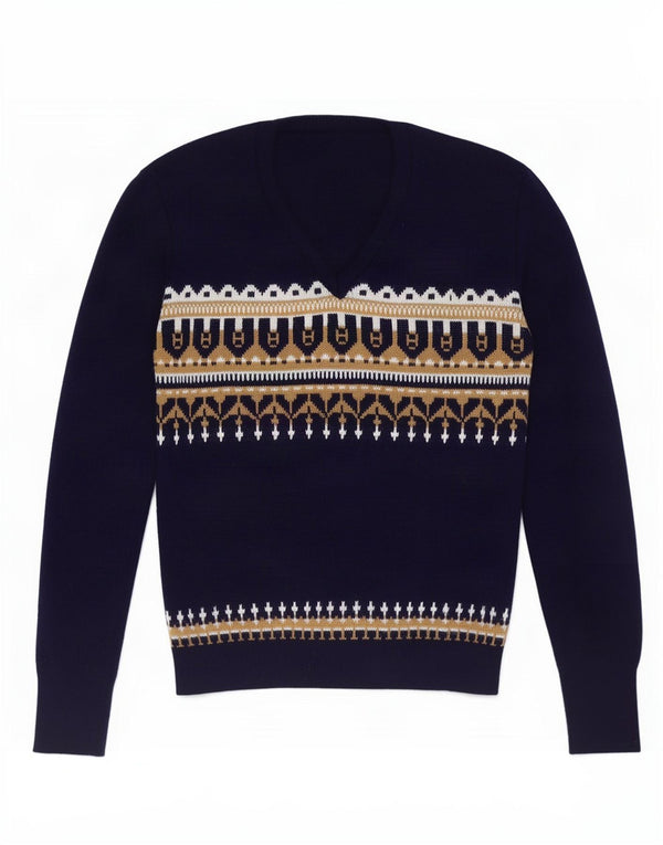Vintage ženski džemper s V-izrezom UK 12 Srednje tamnoplavi Fair Isle
