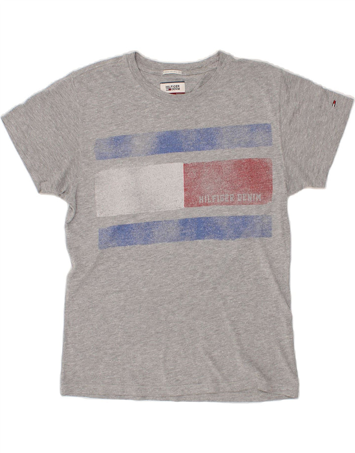 TOMMY HILFIGER Mens Graphic T-Shirt Top Small Grey Colourblock Vintage Tommy Hilfiger and Second-Hand Tommy Hilfiger from Messina Hembry 