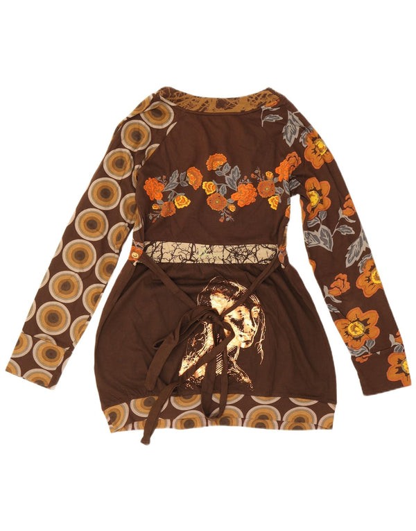 Desigual ženska mini haljina s mjehurićima dugih rukava UK 12 srednje smeđa cvjetna