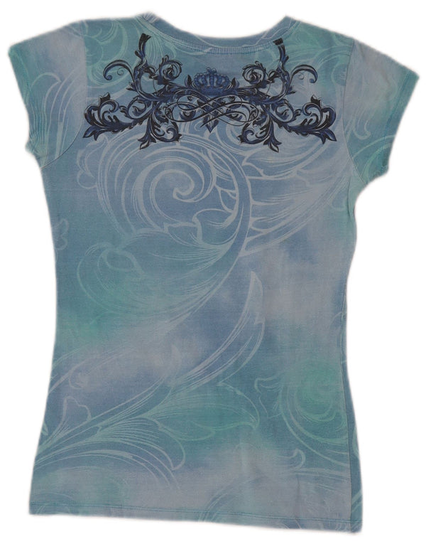 Hard Rock Cafe Womens Rome Graphic T-Shirt Top UK 10 Small Blue Paisley