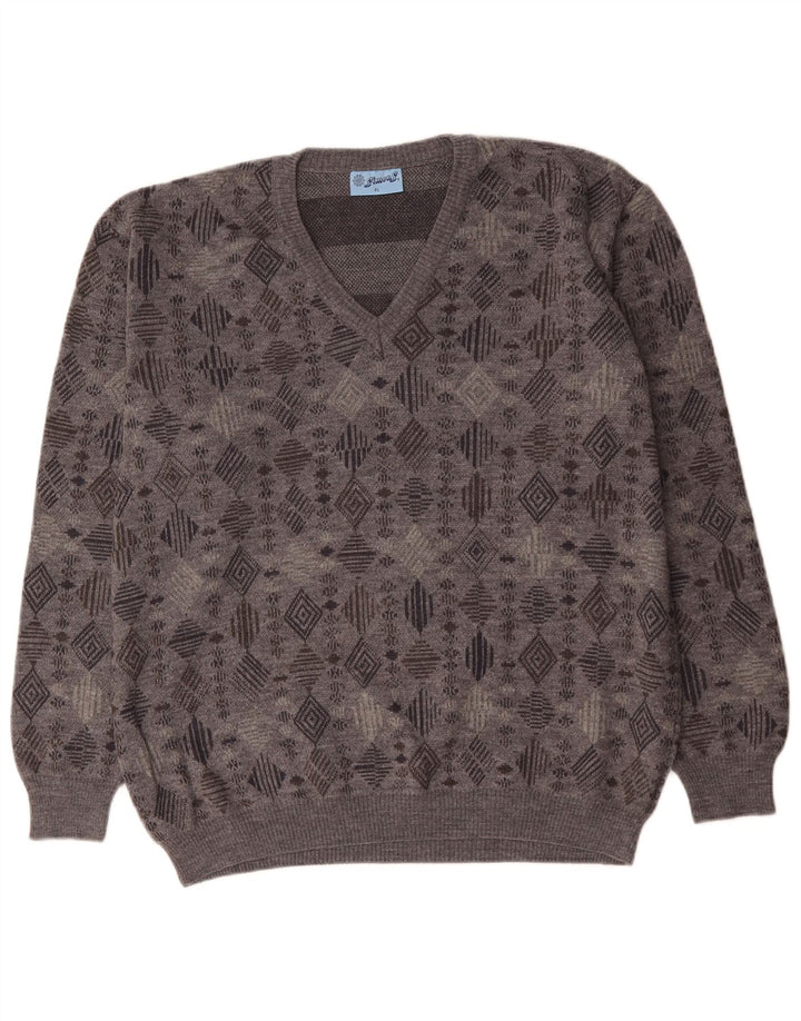 VINTAGE muški džemper s V-izrezom XL sivi geometrijski