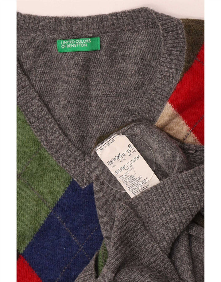 Benetton muški džemper s V-izrezom Srednje sivi Argyle/Diamond Wool