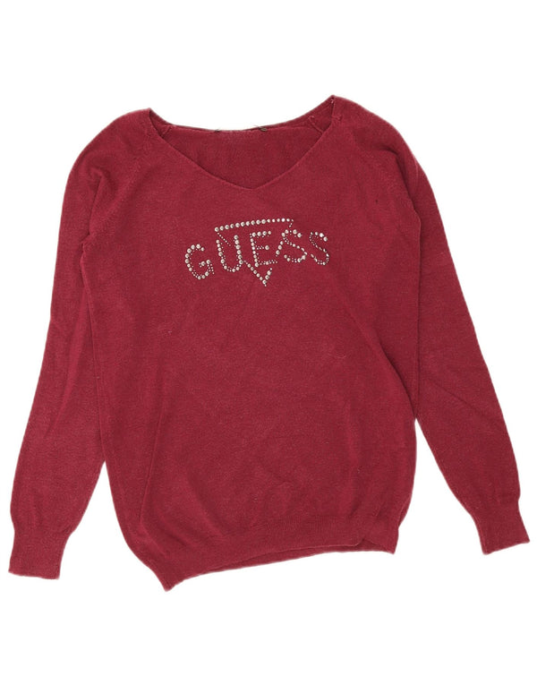 Guess Womens Graphic V-Neck Jumper Sweater UK 10 Small Burgundy Modal