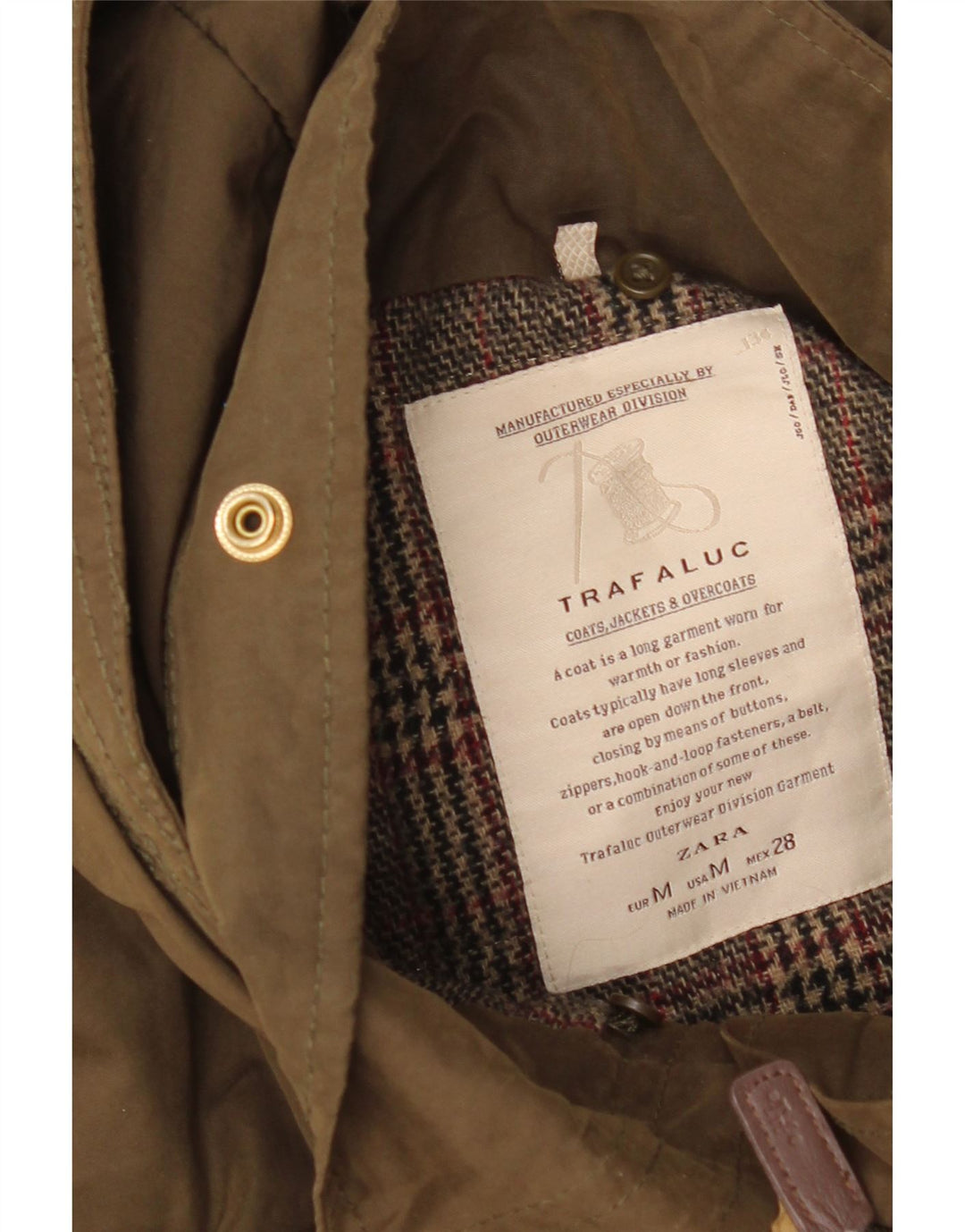 Zara ženska parka jakna s kapuljačom UK 14 Srednji kaki karirani pamuk