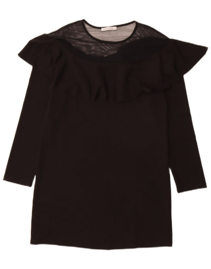 ZARA Womens Ruffle Front Long Sleeve Tunic Dress UK 12 Medium Black