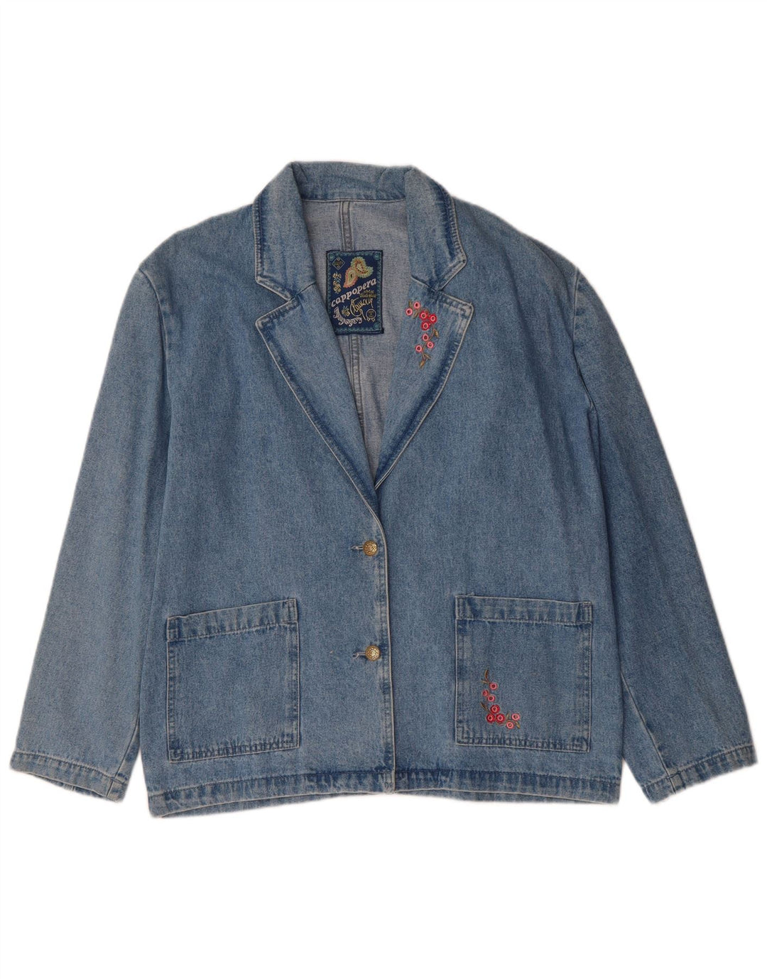 CAPPOPERA Womens 2 Button Denim Blazer Jacket UK 14 Medium Blue Floral