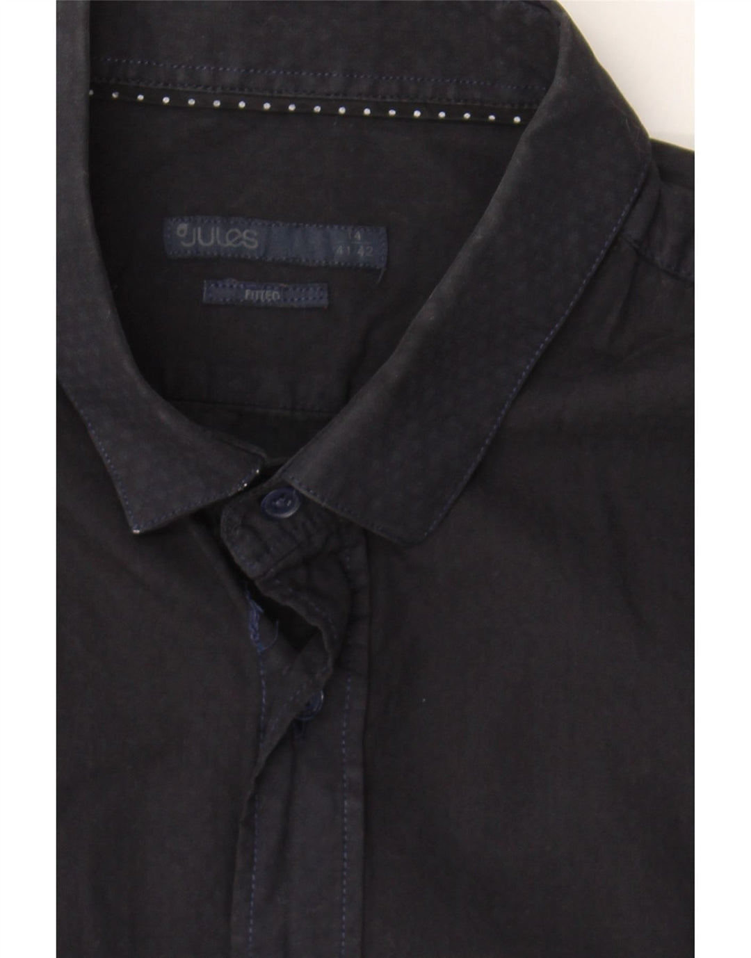 JULES Mens Fitted Shirt Size 14 Small Navy Blue Cotton Vintage Jules and Second-Hand Jules from Messina Hembry 