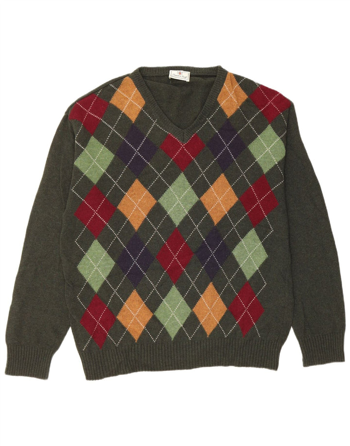 VINTAGE muški džemper s V-izrezom Srednje zelena Argyle/Diamond Nova vuna