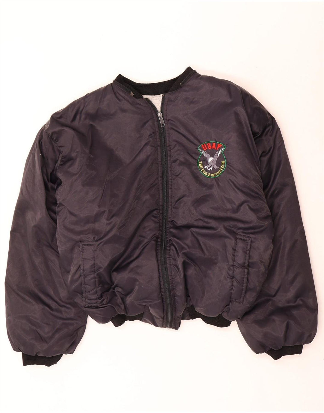 Vintage muška bomber grafička podstavljena jakna UK 40 velika tamnoplava