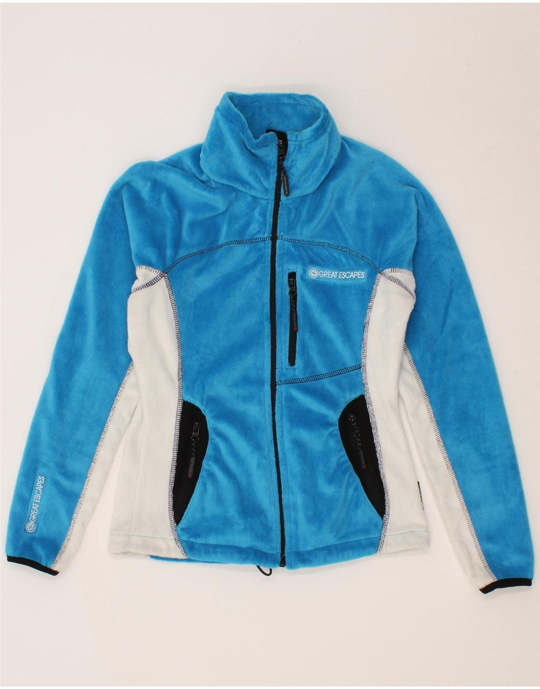 GREAT ESCAPES Womens Fleece Jacket UK 6 XS Blue Colourblock Polyester Vintage Great Escapes and Second-Hand Great Escapes from Messina Hembry 
