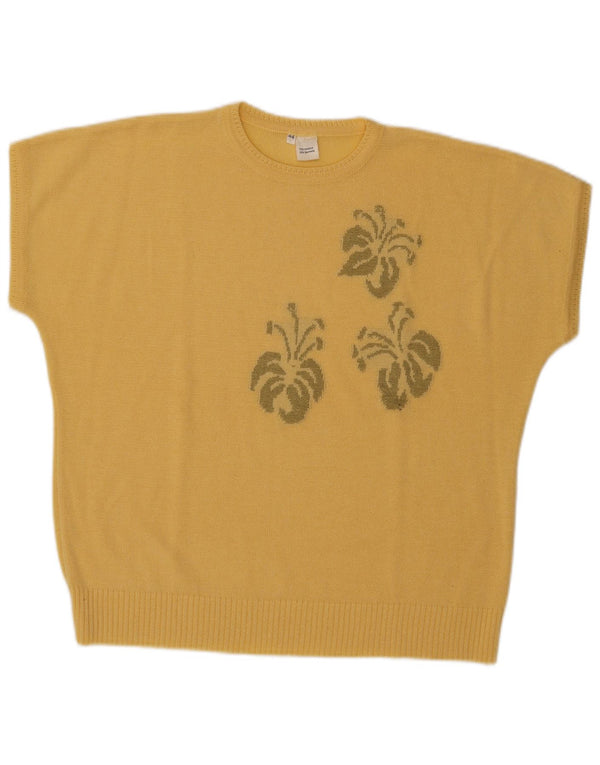 Vintage ženski džemper kratkih rukava s okruglim izrezom EU 44 XL žuti cvjetni