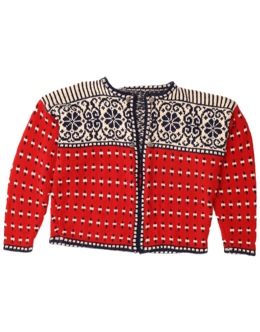 VINTAGE ženski otvoreni kardigan pulover UK 18 XL Red Fair Isle