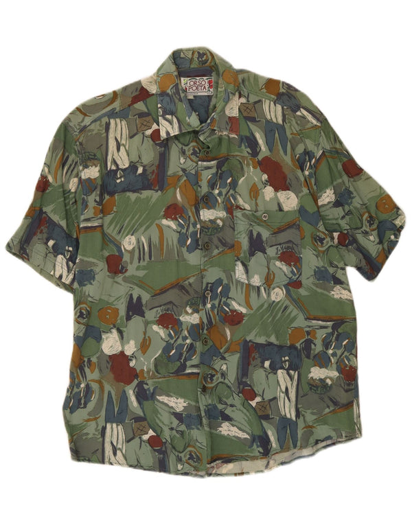 Orso Poeta Mens Abstract Pattern Short Sleeve Shirt XL Green Viscose