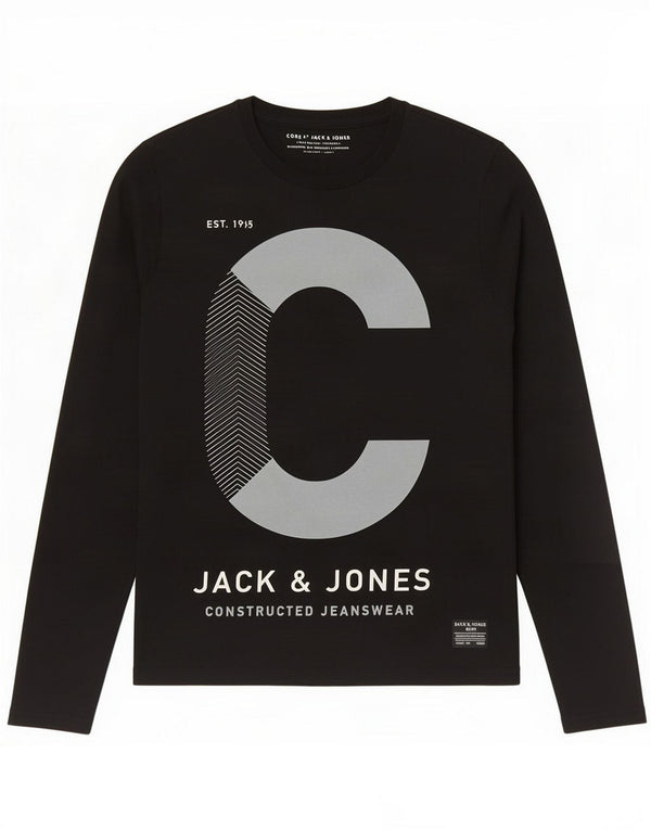 Jack & Jones Mens Graphic Top Long Sleeve Medium Black Cotton