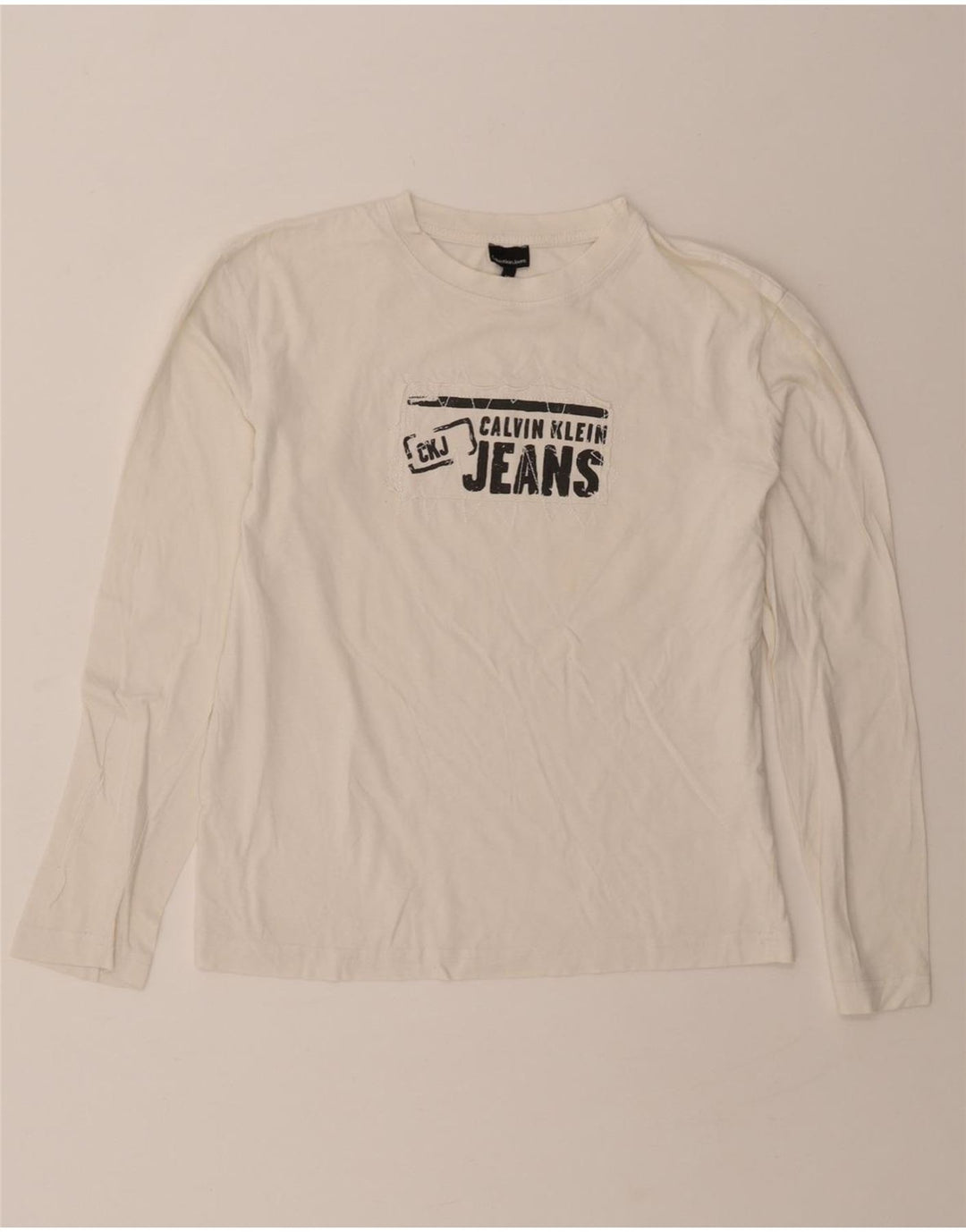 CALVIN KLEIN JEANS Womens Graphic Top Long Sleeve UK 14 Medium White Vintage Calvin Klein Jeans and Second-Hand Calvin Klein Jeans from Messina Hembry 