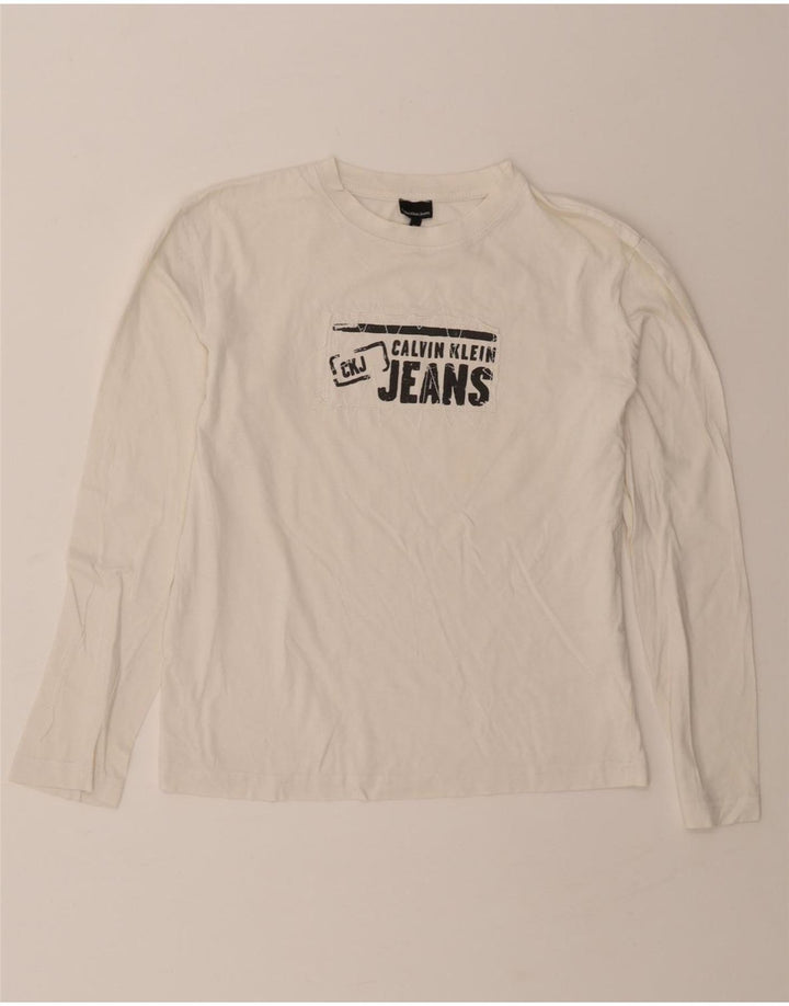 CALVIN KLEIN JEANS Womens Graphic Top Long Sleeve UK 14 Medium White Vintage Calvin Klein Jeans and Second-Hand Calvin Klein Jeans from Messina Hembry 