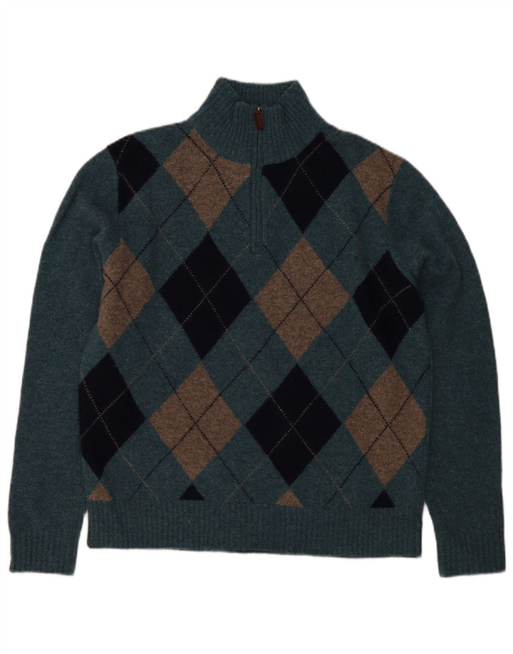 J. Crew muški džemper s izrezom s patentnim zatvaračem Srednje plavi Argyle/Diamond janjeća vuna