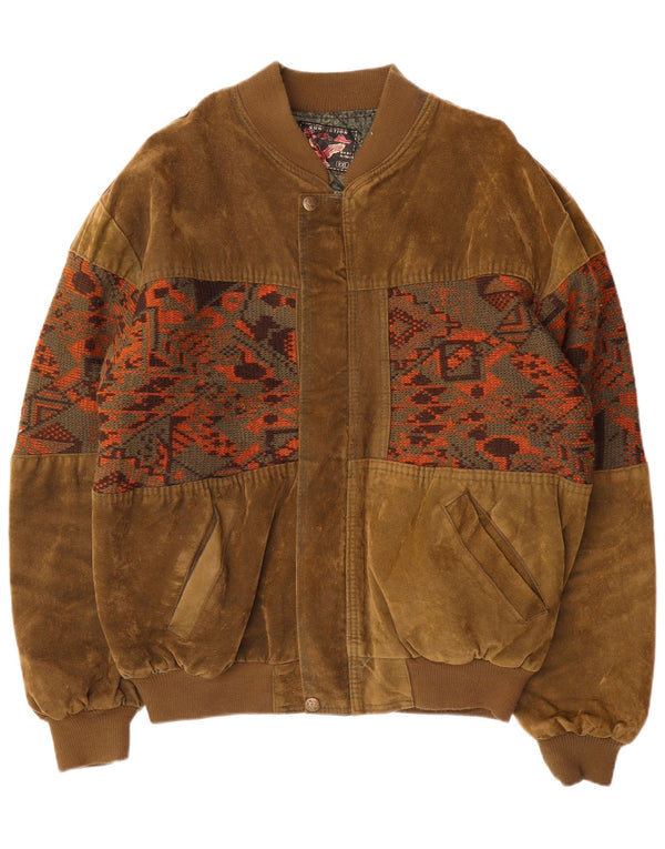 Vintage muška bomber jakna od brušene kože UK 44 2XL kaki geometrijska
