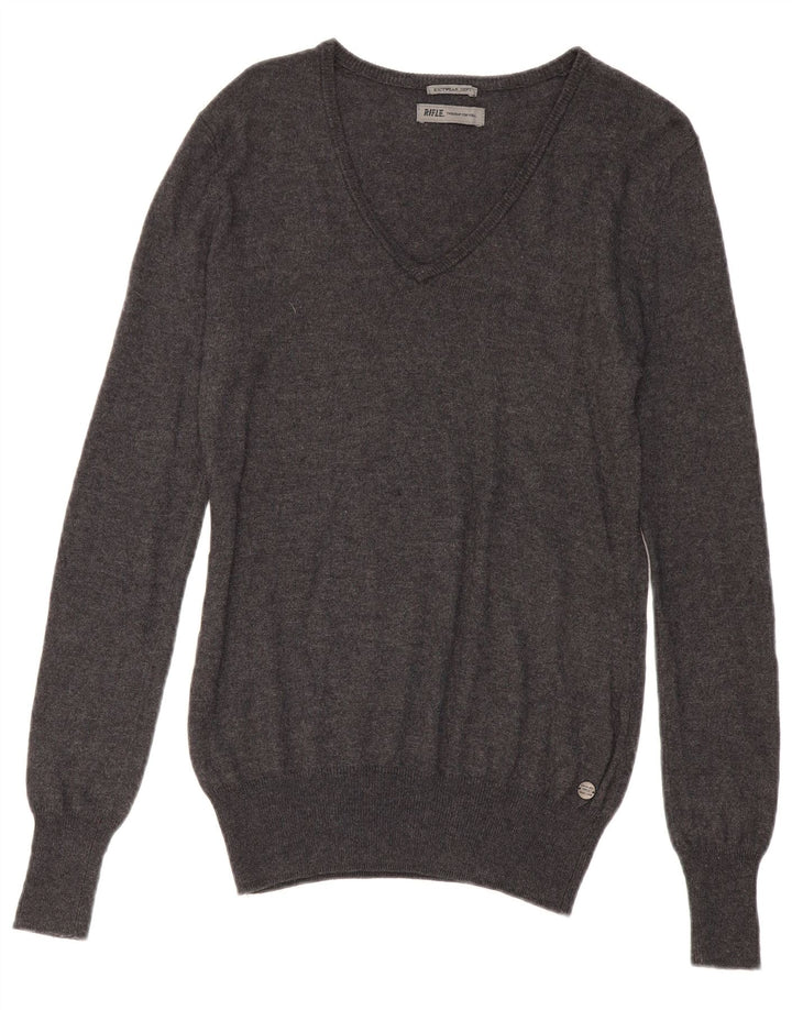RIFLE Womens V-Neck Jumper Sweater UK 14 Medium Grey