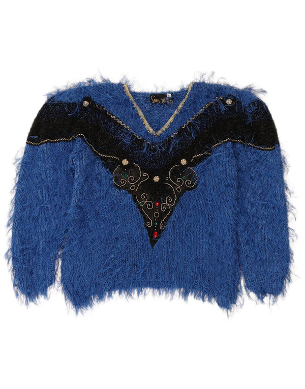 Vintage ženski džemper s V-izrezom UK 16 Veliki plavi pamuk u blokovima boja