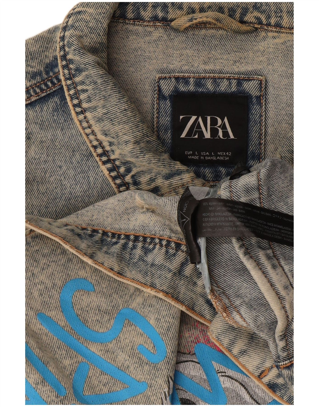 Zara muška grafička traper jakna UK 40 Large Blue Cotton