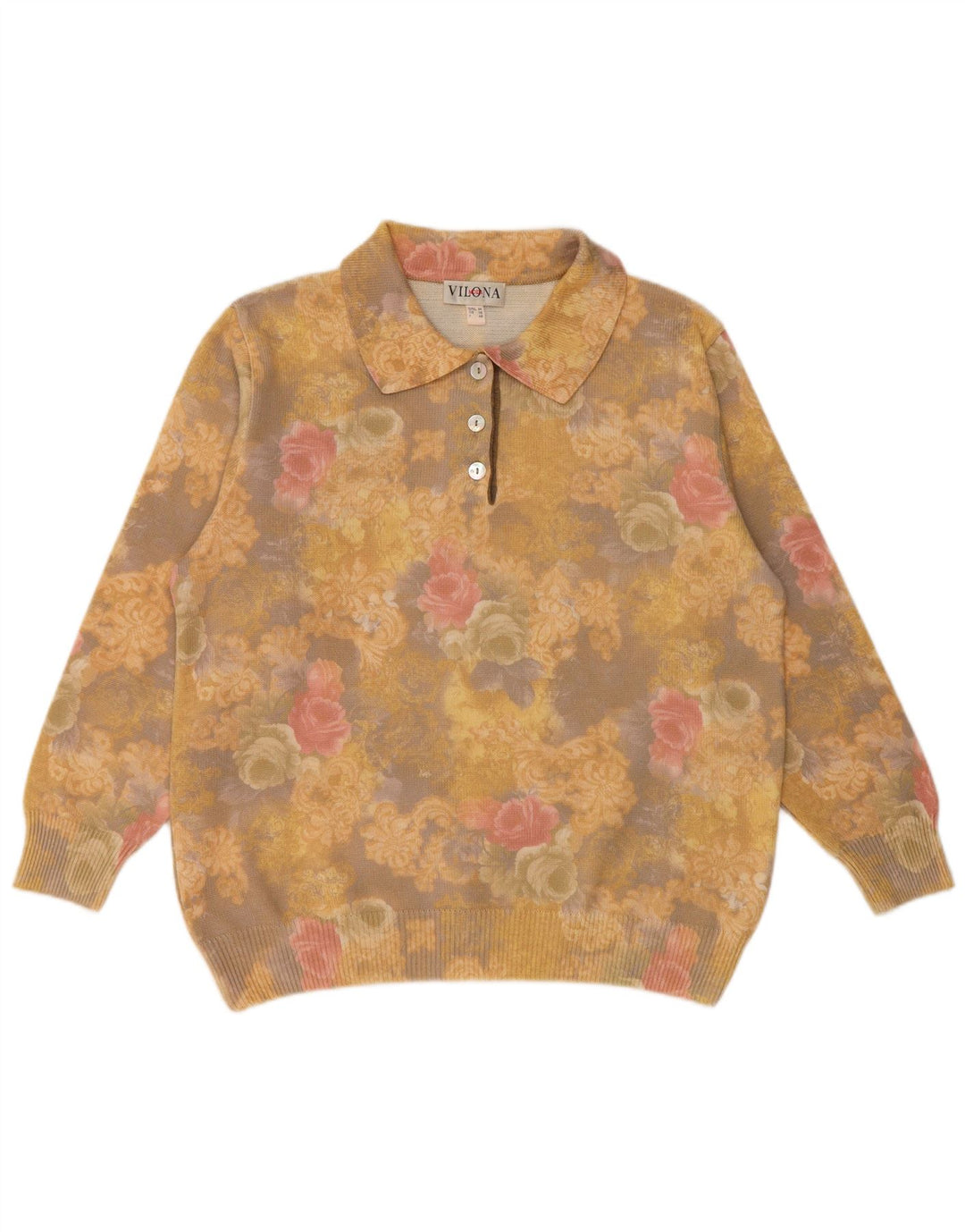 VILONA MODA Ženski džemper s polo izrezom UK 18 XL Žuta cvjetna vunena