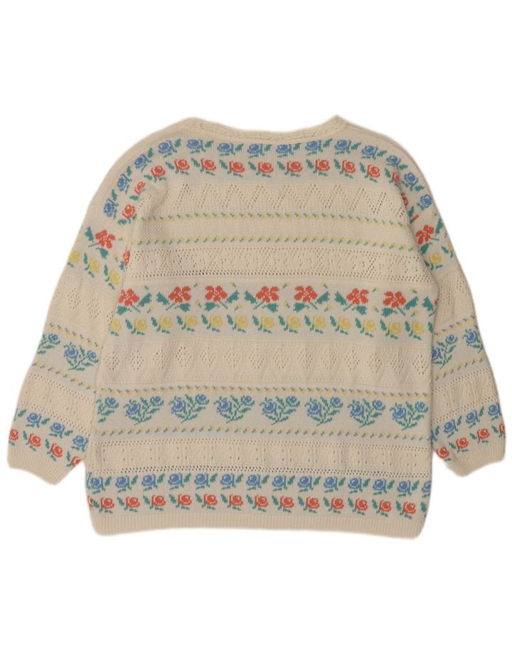 VINTAGE ženski džemper s lađastim izrezom IT 46 Veliki bijeli akril s cvjetnim motivima