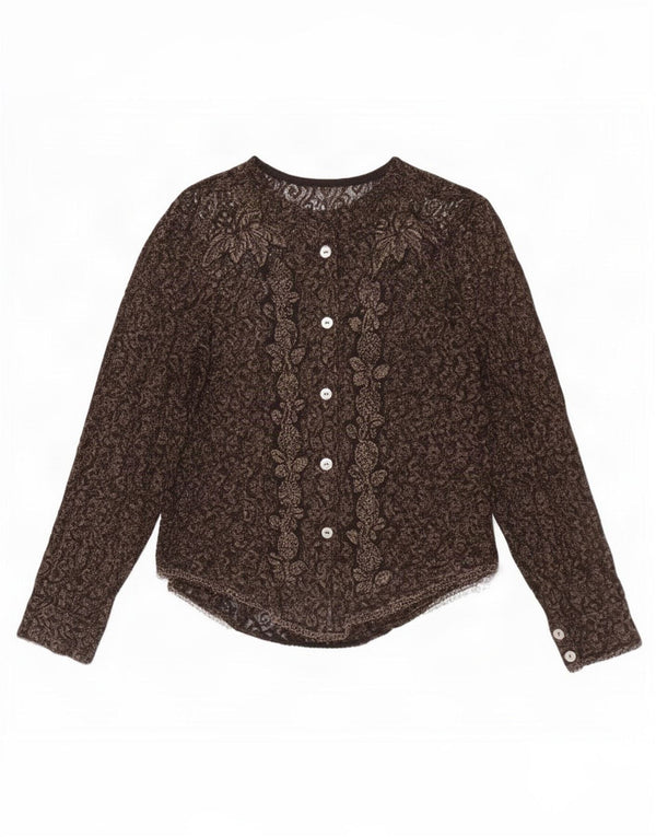 Vintage ženska čipkasta košulja bluza UK 12 srednje smeđa cvjetna