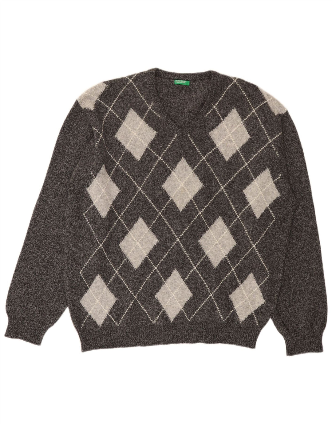 BENETTON Muški džemper s V-izrezom Veliki sivi Argyle/Diamond Wool