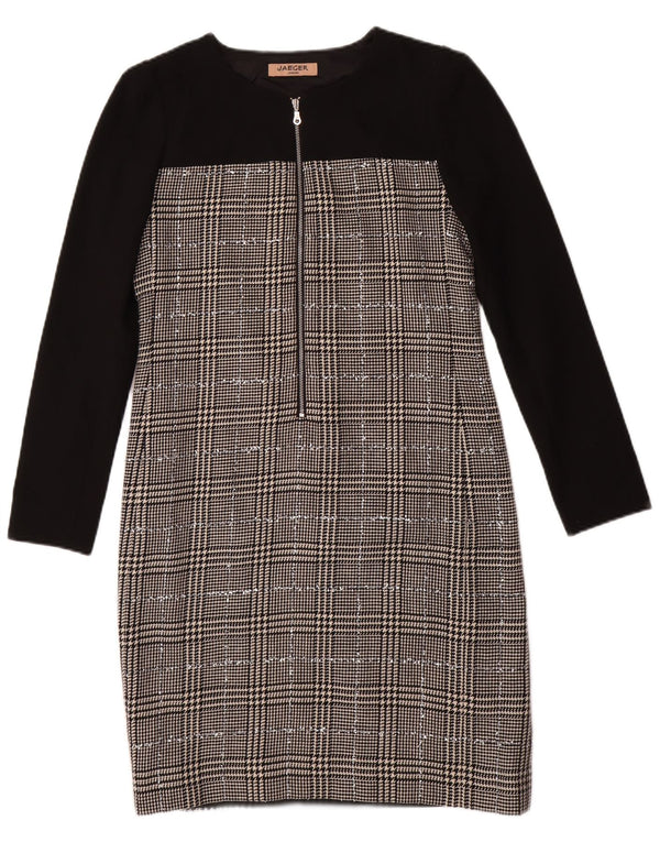 JAEGER Ženska plašt haljina dugih rukava UK 8 Mala crna vunena hrskava zuba