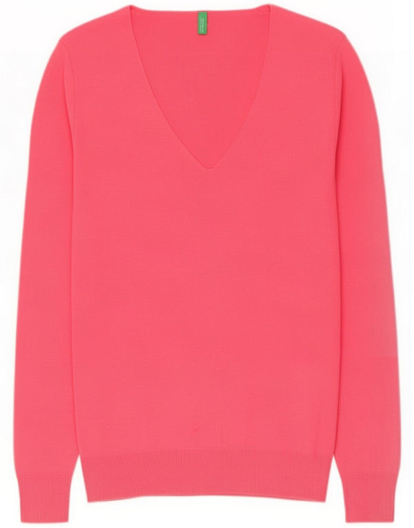 Benetton ženski džemper s V-izrezom UK 14 Large Pink Cotton