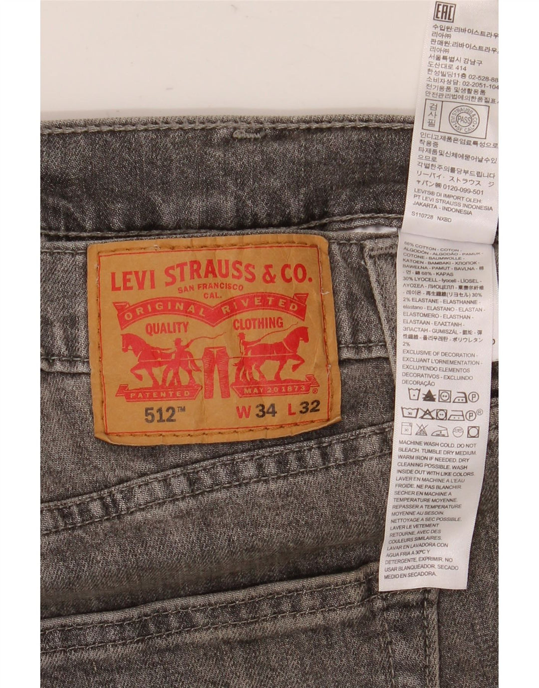Levi's muške 512 uske sužene traperice W34 L32 sivi pamuk