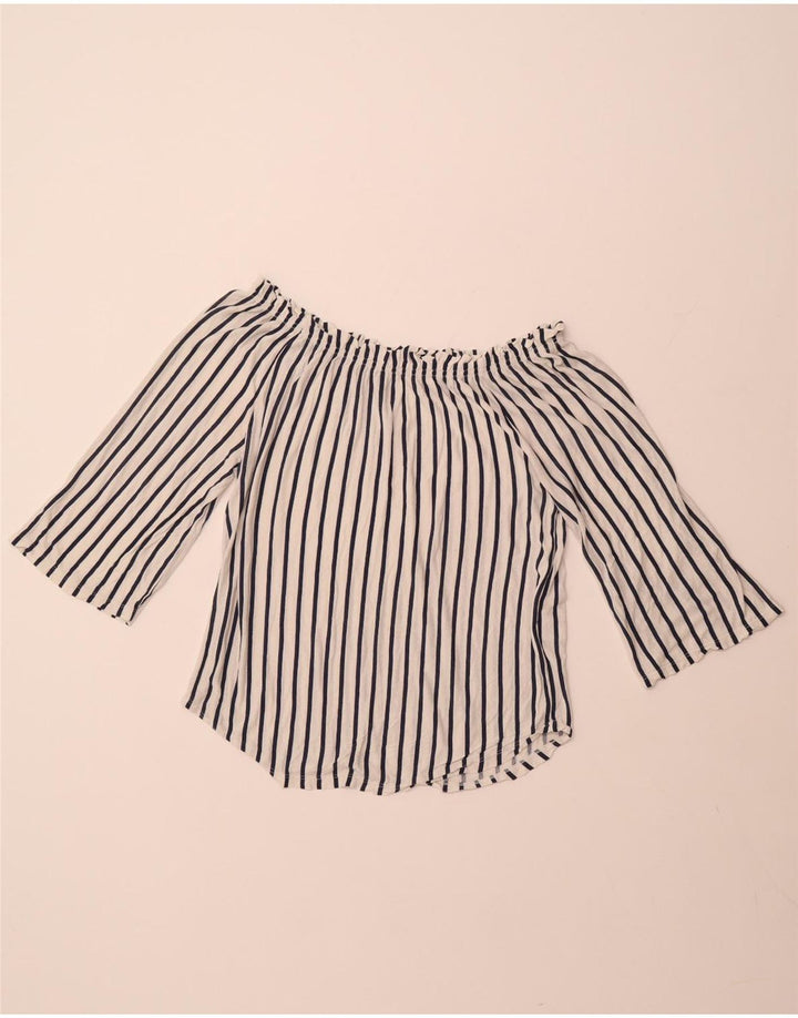 BENETTON Ženska majica s otvorenim ramenima 3/4 rukava UK 14 srednje bijele pruge