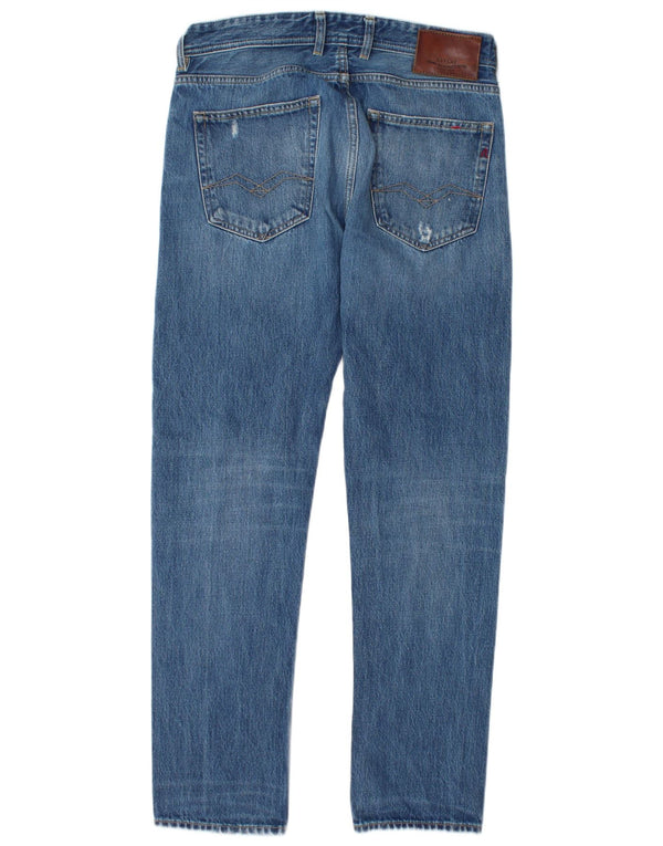 Replay Mens Grover Distressed Slim Jeans W31 L32 Blue Cotton