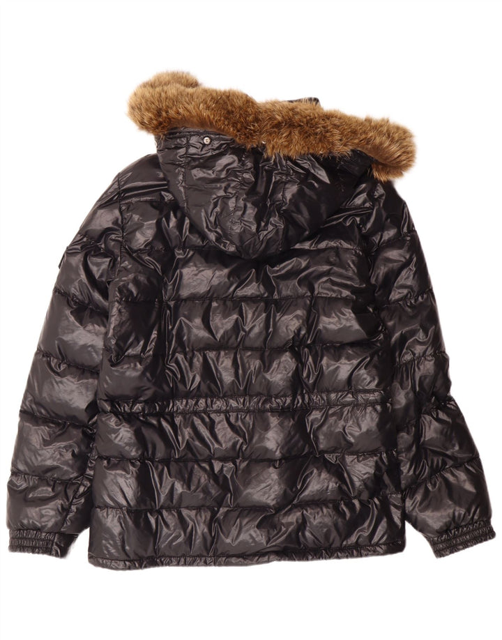 Moncler ženska jakna s kapuljačom i podstavljenim krojem veličine 1, mala crna poliamidna