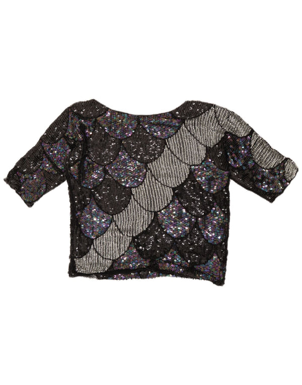 Vintage skraćena ženska majica s 3/4 rukavima UK 14 srednje crna geometrijska